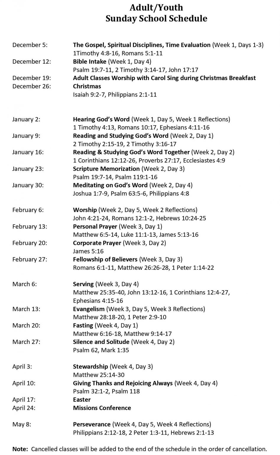 Sunday School Schedule New Covenant Mennonite Fellowship